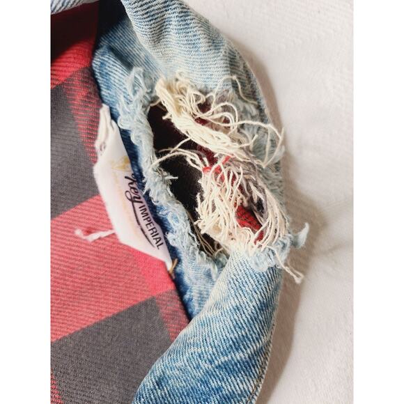 Vtg Key Imperial Buffalo Plaid Flannel Lined Denim Jacket Distress Large Grunge - Picture 5 of 12